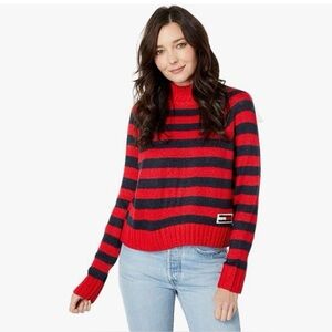 NWT Tommy Jeans Mock Neck Stripe Sweater Scarlet/Sky Captain MD